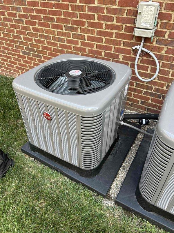 Responded to no cooling complaint on 2-year-old Rheem air conditioning system. Upon arrival, confirmed outdoor condenser fan was not operating while compressor attempted to run. Diagnosed failed condenser fan motor due to electrical failure. Replaced defective fan motor with OEM replacement part, verified proper rotation and amperage draw. Tested system operation through complete cooling cycle, confirmed adequate airflow across condenser coil and proper temperature split at indoor unit. System restored to normal cooling operation.