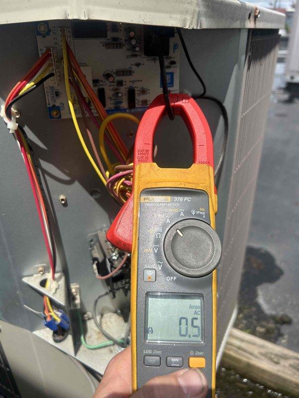 Completed comprehensive preventive maintenance tune-up on commercial HVAC system consisting of three rooftop package units and two roof-mounted split systems. Performed full system inspections, replaced multiple air filters (4-20x20x2, 2-16x25x2, 6-20x25x2, 2-13x21.5x1), and changed A50 and BX46 belts per annual maintenance schedule. Verified electrical parameters using clamp meter on all units, including amperage readings and voltage specifications on R-410A refrigerant systems, confirming all equipment operating within manufacturer specifications.