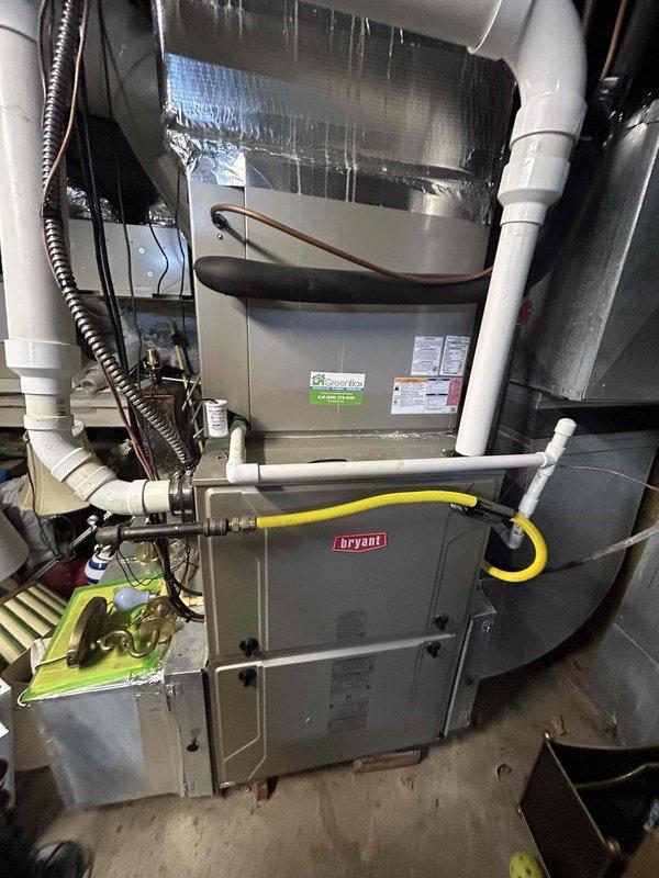 Completed comprehensive Care Plan maintenance on dual HVAC system including two air conditioning units and two gas furnaces. Performed tune-up procedures on all four units, replaced air filters per plan coverage specifications (two 20x25x1 filters and one 16x25x2 filter for downstairs unit), and conducted full system diagnostics using calibrated measurement instruments. Inspected Bryant furnace installation, verified proper operation of condensate pump and drainage systems, checked all PVC venting and condensate lines for proper connections, confirmed gas line integrity, and assessed ductwork insulation. All systems operating within manufacturer specifications with no deficiencies noted.