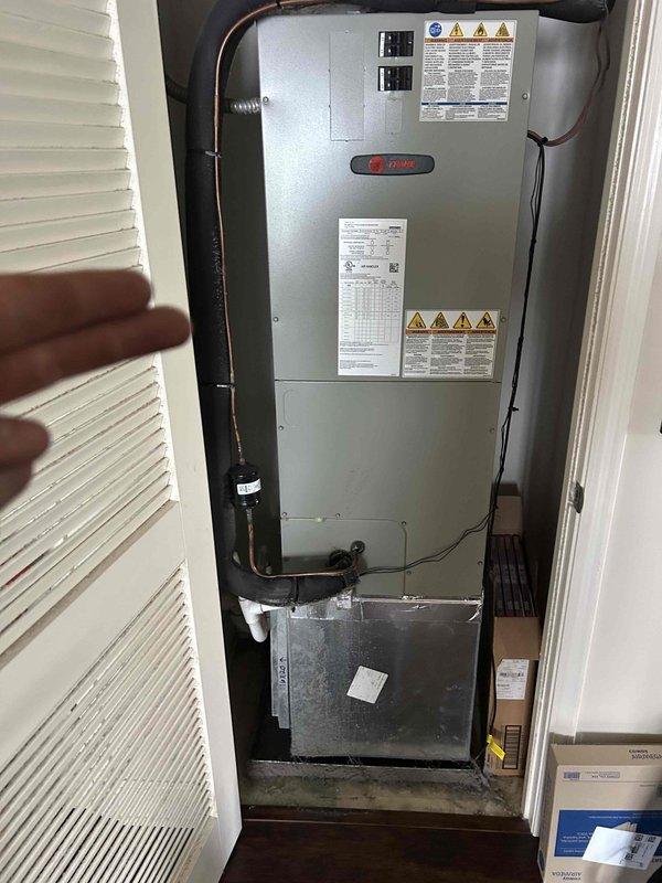 Completed preventive maintenance tune-up on two HVAC systems as part of Care Plan service. Both heat pump air handler units were accessed in their respective closet locations and thoroughly inspected. Performed standard maintenance procedures including cleaning of blower wheel assemblies, which showed moderate dust and debris accumulation on fan blades. Verified proper operation of both Trane air handler units, inspected refrigerant line connections, checked condensate drainage systems, and confirmed all manufacturer labels and safety warnings were intact. Customer to provide their own filters for both units.