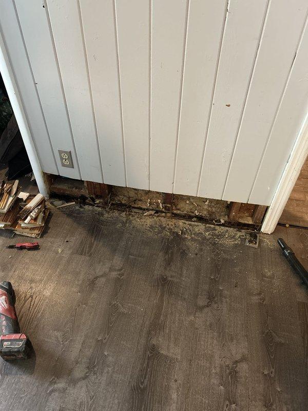 Responded to basement water infiltration issue in 75-year-old residential property. Upon arrival, conducted thorough inspection of affected area where homeowner reported moisture intrusion during rain events. Investigation revealed significant water damage to interior wall structure at floor level near doorway threshold, with extensive deterioration of wooden framing members, studs, and baseplate assembly.

Removed compromised white beadboard paneling at wall base to expose underlying structural components and assess full extent of damage. Discovered severe water staining, rot, and deterioration throughout lower wall framing, indicating chronic moisture infiltration rather than active plumbing leak. Dark discoloration and compromised wood integrity observed on multiple vertical studs and horizontal members, with accumulated debris and deteriorated building materials present in wall cavity.

Documented extensive damage through photographic evidence showing blackened, water-damaged frami