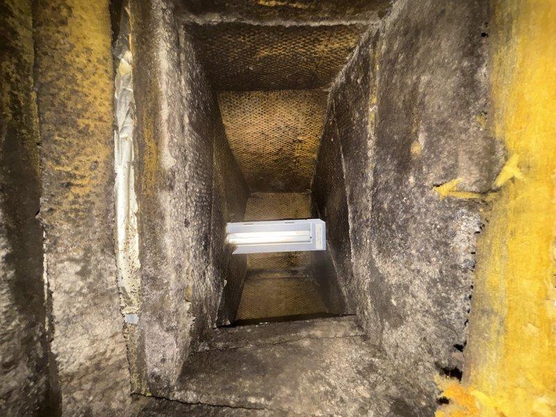 Coordinated with duct cleaning contractor on-site to assess indoor air quality conditions. Documented extensive dust, debris, and microbial growth throughout ventilation system, including heavy particulate accumulation on duct walls, filter screens, and air handler components. Photographed deteriorated ductwork interior showing years of buildup, corroded metal surfaces, and compromised filtration elements requiring immediate attention to restore proper air quality and system performance.