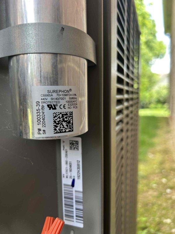 Completed preventative maintenance service on residential air conditioning and gas furnace system located in basement. Inspected thermostat operation and confirmed proper temperature display and cooling mode functionality. Examined outdoor condensing unit and verified dual-run capacitor specifications (70+10 MFD, 440V) with proper labeling and secure mounting. System operating within normal parameters at time of service. Customer to supply air filter (24.5"x27"x5") for future maintenance intervals.