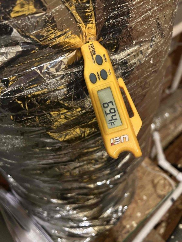 Responded to callback for newly installed system that would not shut off upon reaching setpoint temperature. System was overcooling to 68°F despite thermostat set at 73°F, requiring customer to disable power at breaker panel. Performed diagnostic testing and confirmed supply air temperature at 52°F and return air temperature at 69°F, indicating proper refrigerant charge and system operation. Identified thermostat control issue preventing compressor from cycling off at target temperature. Corrected thermostat wiring and configuration settings to restore proper temperature control functionality. Verified system now cycles correctly and maintains setpoint without overcooling.