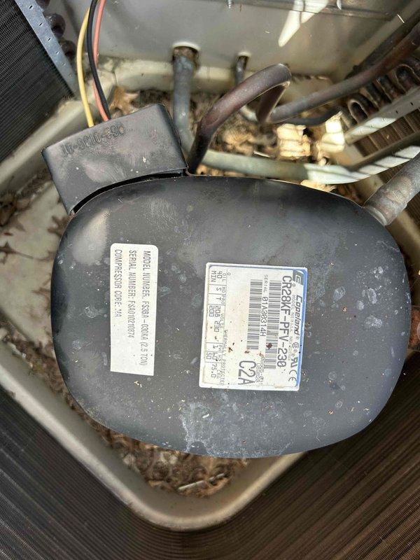 Responded to no cooling complaint for downstairs electric AC unit less than 10 years old. Accessed indoor air handler through exterior basement entrance. Upon inspection, found compressor operational but system not achieving proper cooling. Noted significant debris accumulation in drain pan and surrounding components. Photographed compressor unit with manufacturer labels visible and documented condition of heat exchanger coils and electrical connections. System requires cleaning of drain pan, inspection of refrigerant charge levels, and verification of airflow through evaporator coil to restore proper cooling function.