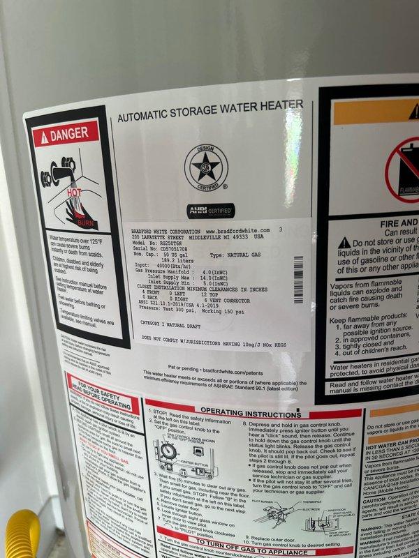 Installed a Bradford White 50-gallon gas water heater with short configuration, including all necessary copper piping connections, shut-off valves, and proper venting. Additionally replaced a shower cartridge to restore proper temperature control and water flow functionality.