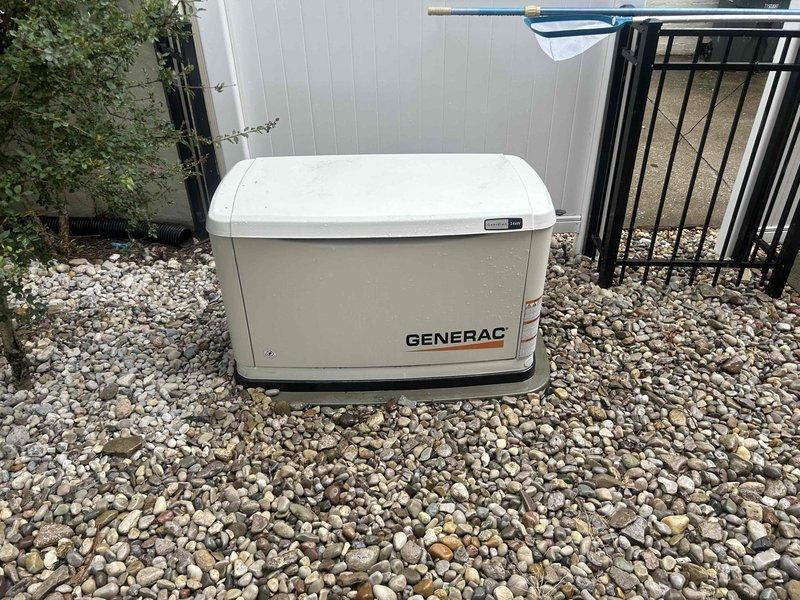 Completed routine maintenance on a 24 KW Generac Evolution standby generator. Performed standard inspection procedures, verified proper operation of all systems, and documented unit condition with photographic records. Unit found in operational condition with adequate clearance and proper installation on stabilized rock bed foundation.