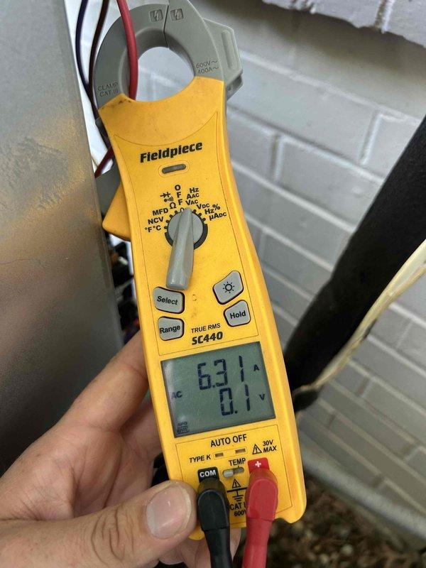 Completed maintenance tune-up inspection on Goodman furnace and air conditioning system for new homeowner. Performed electrical diagnostics using clamp meter, recording amperage draws and voltage readings on system components to verify proper operation. All measurements fell within manufacturer specifications, and system was found to be operating safely and efficiently.