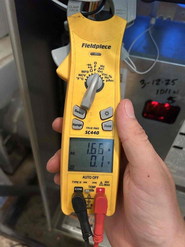 Completed maintenance tune-up inspection on Goodman furnace and air conditioning system for new homeowner. Performed electrical diagnostics using clamp meter, recording amperage draws and voltage readings on system components to verify proper operation. All measurements fell within manufacturer specifications, and system was found to be operating safely and efficiently.