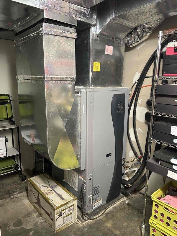 Completed scheduled Care Plan maintenance tune-up on geothermal HVAC system located in basement. Performed comprehensive system inspection including electrical diagnostics with clamp meter showing 144V readings, verified all connections and components within the air handler unit, inspected ductwork and refrigerant lines for proper operation. Customer supplied filters as part of maintenance agreement.
