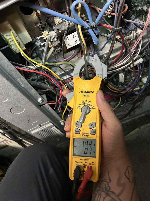 Completed scheduled Care Plan maintenance tune-up on geothermal HVAC system located in basement. Performed comprehensive system inspection including electrical diagnostics with clamp meter showing 144V readings, verified all connections and components within the air handler unit, inspected ductwork and refrigerant lines for proper operation. Customer supplied filters as part of maintenance agreement.