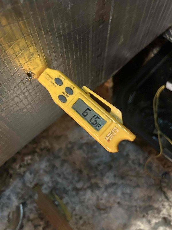 Responded to no-cool call on upstairs AC system that was completely shut down. Upon inspection, found condensate drain line blockage causing system safety shutdown, similar to issue experienced shortly after original installation eight months ago. Cleared condensate line obstruction, verified proper drainage, tested system operation with temperature readings confirming normal cooling function restored.