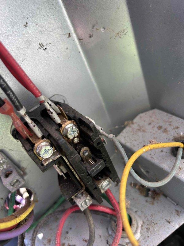 Responded to a no-cool call on a 6-year-old Coleman electric HVAC system. Upon inspection, found the contactor severely corroded with significant rust on the metal components and oxidation on terminal connections, causing loud operational noise and reduced cooling capacity. Replaced the failed contactor and verified proper system operation with normal sound levels and full cooling restored.
