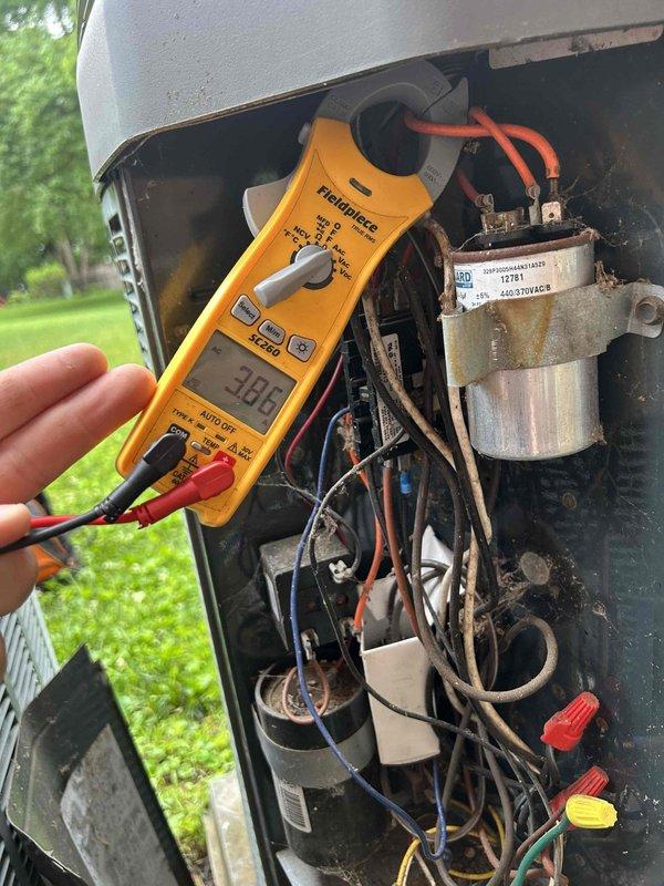 Completed Care Plan tune-up on two gas furnace and air conditioning systems, both located in basement. Performed comprehensive electrical diagnostics using amp meter to verify proper current draw on compressor circuits. Inspected and tested capacitors, contactors, and electrical connections on both outdoor condensing units. Verified proper operation of all system components including blower motors, controls, and safety devices. Customer provided 16x25x1 MERV 10 filters which were installed in both units. Both systems are operating within manufacturer specifications despite being over 30 years old. Recommended monitoring due to age of equipment.