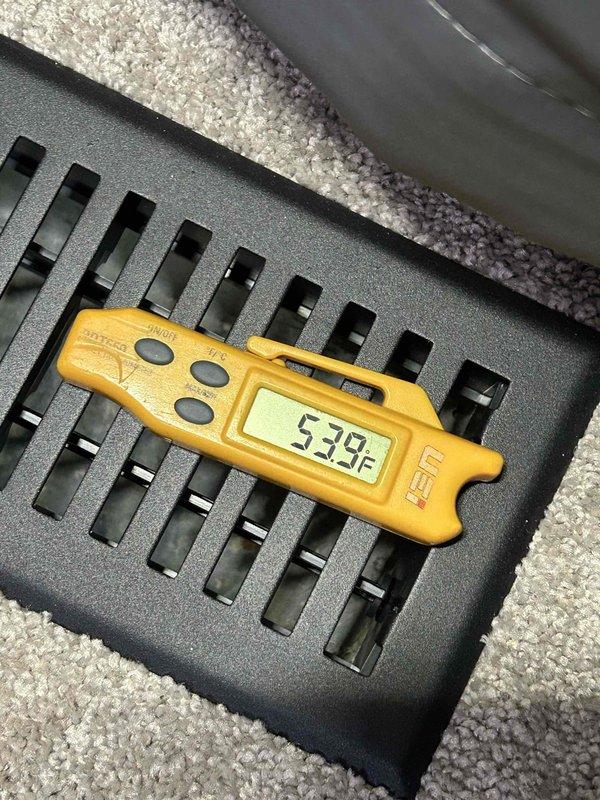 Responded to report of inefficient heating and cooling on 3-year-old HVAC system. Performed diagnostic temperature measurements at multiple supply registers throughout the home. Recorded supply air temperatures of 53.3°F and 52.3°F at floor vents, indicating inadequate temperature differential and poor system performance. System remains operational but not meeting efficiency standards for proper comfort conditioning.