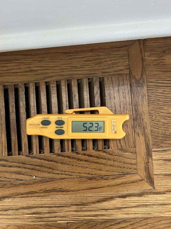 Responded to report of inefficient heating and cooling on 3-year-old HVAC system. Performed diagnostic temperature measurements at multiple supply registers throughout the home. Recorded supply air temperatures of 53.3°F and 52.3°F at floor vents, indicating inadequate temperature differential and poor system performance. System remains operational but not meeting efficiency standards for proper comfort conditioning.