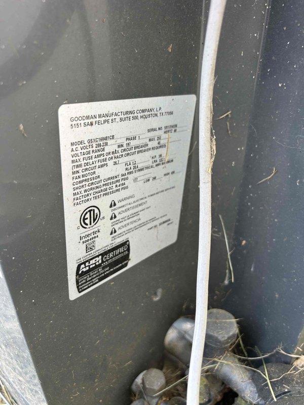 Responded to no cooling complaint on Goodman AC system installed in 2020. Upon arrival, thermostat displayed 95°F indoor temperature with unit running but delivering room temperature air through supply registers. Inspected outdoor condensing unit model PSSC0186H1GB and found system operational but not producing cooling. Diagnosed refrigerant circuit issue preventing proper heat transfer. System requires refrigerant charge verification and potential leak detection to restore cooling capacity.