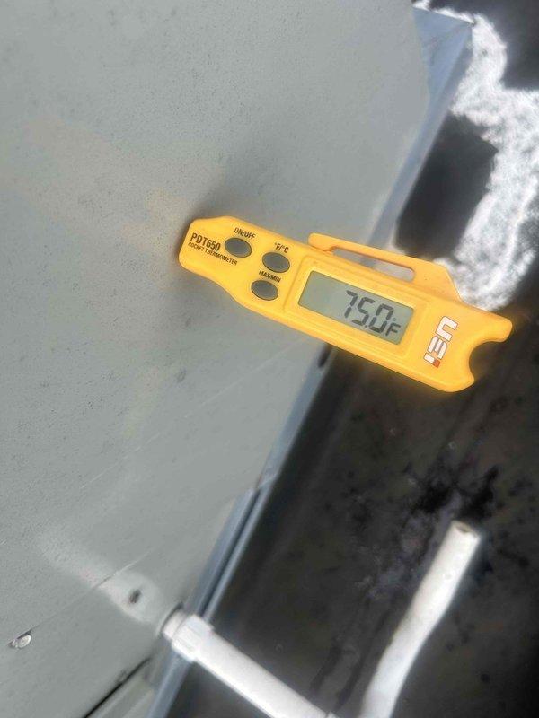 Responded to no cooling complaint on rooftop commercial HVAC unit following power outage. Upon inspection, found heavily soiled air filter restricting airflow, causing unit to short cycle on safety controls. Replaced dirty filter and verified system operation with supply air temperature reading of 75°F at startup. Unit cycled properly and began cooling normally after filter replacement, resolving the issue caused by the power interruption.