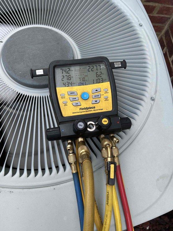 Completed comprehensive Care Plan maintenance on dual HVAC systems consisting of two gas furnaces and two air conditioning units located in attic and basement. Performed full system diagnostics, including refrigerant pressure and temperature readings on both AC units using digital manifold gauges. Measured superheat and subcooling values to verify proper refrigerant charge levels. Inspected condenser units with radial fin coils for airflow restrictions and proper operation. Evaluated plumbing connections, condensate drainage systems, and associated PVC piping for both systems. Addressed customer concern regarding excessive noise from new system during startup cycle, investigating potential causes including blower motor operation, ductwork connections, and system cycling patterns for comparison against previous unit performance. Documented system conditions through photographs showing refrigerant readings and plumbing components. Customer reminded to supply own air filters with specific