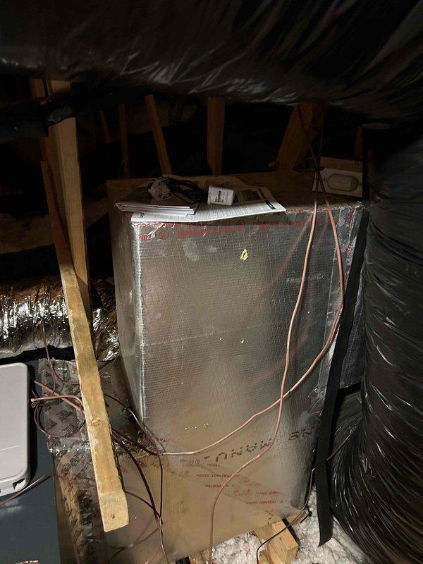 Completed full residential HVAC system installation featuring Friedrich Breeze equipment. Installed air handler unit in attic space with proper mounting between structural framing, connected refrigerant lines, electrical wiring, and integrated flexible ductwork. Positioned outdoor condenser unit on concrete pad with secure wall-mounted line set support and established all necessary connections. Warranty registration for all equipment to be submitted.