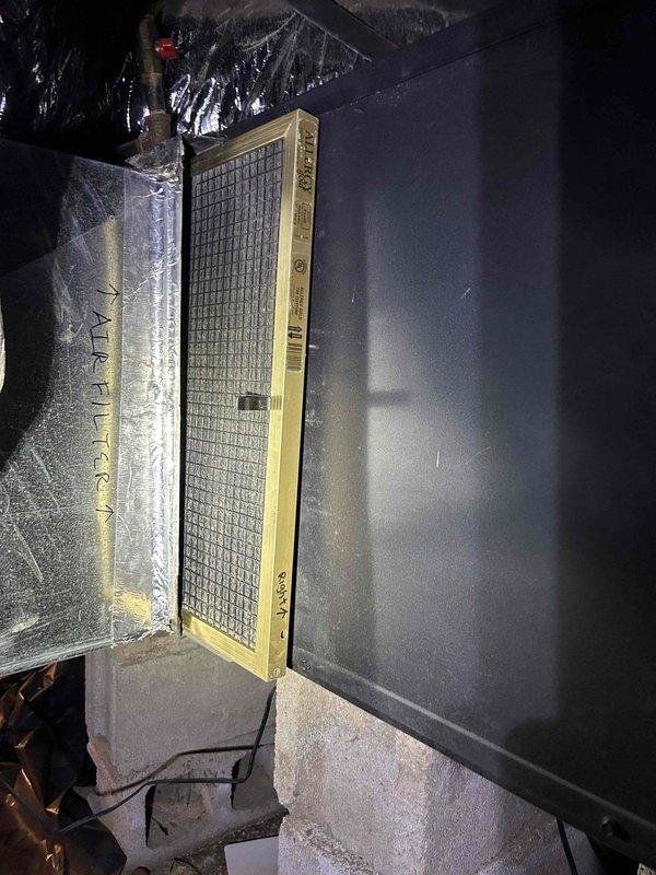 Completed scheduled care plan tune-up on geothermal HVAC system located in crawl space. Accessed air handler unit, inspected existing air filter which showed dust and debris accumulation, and performed standard maintenance procedures. System components were evaluated and found to be operating within normal parameters.