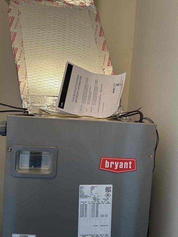Installed a complete Bryant 2-ton 14.3 SEER2 single-stage heat pump system including outdoor unit model GH5SAN024, indoor air handler model FJ5ANX24, and 10KW auxiliary heat kit. Mounted air handler on interior wall, connected reflective insulated ductwork, completed all electrical wiring and circuit breaker installation, and installed digital thermostat for system control.