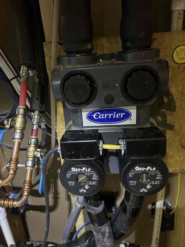 Completed annual care plan tune-up on newly installed geothermal package unit with Carrier controls and Geo-Flo circulation pumps located in walkout basement. Performed comprehensive system inspection, documented filter size as required, verified proper operation of dual circulation pumps, and confirmed all geothermal loop connections and controls are functioning within manufacturer specifications.