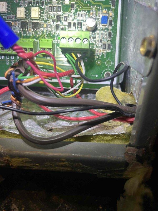 Responded to no cooling complaint on 5-year-old upstairs heat pump system with blank ION thermostat. Upon inspection, discovered control board in air handler had complete power failure. Found biological growth (mold/algae) on control board surfaces, insulation, and condensate components, indicating prolonged moisture intrusion. Traced issue to clogged condensate drain system causing water backup onto circuit board and electrical connections. Cleaned affected areas, cleared condensate line blockage, and replaced damaged control board and corroded wiring connections. Verified proper drainage, tested all electrical connections at terminal blocks, and confirmed system operation with thermostat responding correctly and unit cooling properly.