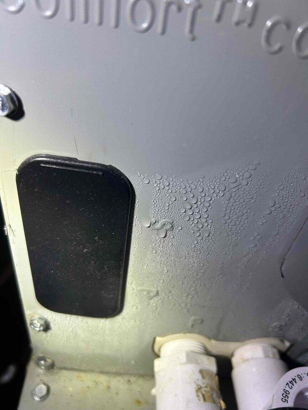 Responded to no cooling call on 10-year-old electric HVAC system with no thermostat display. Upon arrival, located indoor unit in basement and performed diagnostic evaluation. Found severely clogged air filter with significant debris accumulation causing restricted airflow. Discovered extensive condensation on interior cabinet surfaces indicating possible drain line issues or inadequate airflow. Removed and replaced dirty air filter to restore proper system airflow. Cleared condensate drain line and verified proper drainage. Tested system operation and confirmed thermostat display restored and unit cycling properly. Air conditioning system returned to normal cooling operation with adequate airflow at registers.