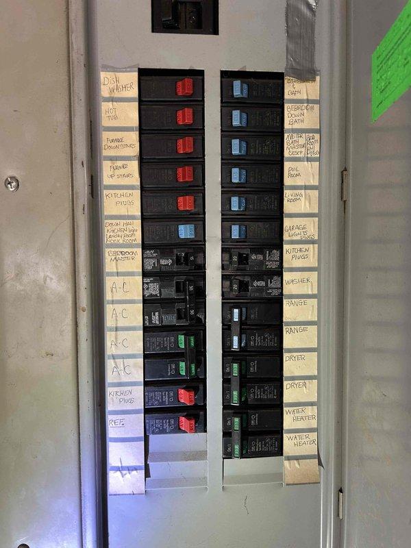 Responded to service call for electrical panel breaker replacement. Upon inspection, identified severely corroded and damaged circuit breakers showing signs of overheating, melting, and deterioration. Removed four compromised breakers from the main electrical panel and replaced with new Siemens breakers to restore safe operation. Verified proper connections, tested all circuits for correct operation, and confirmed system functionality. Panel was properly labeled with circuit designations for all household appliances and rooms including HVAC systems, kitchen appliances, water heater, and various rooms throughout the residence.