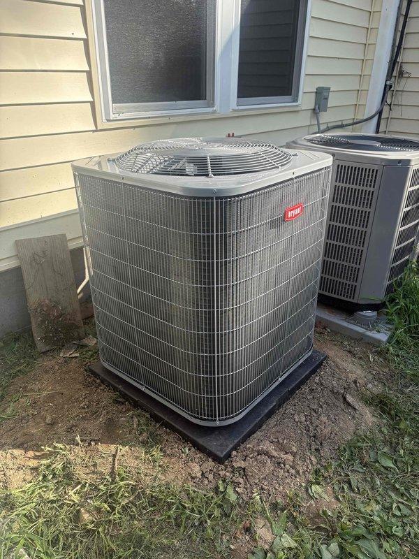Completed full HVAC system replacement including removal and disposal of existing equipment. Installed Bryant 70K BTU 80% efficiency gas furnace (model 800SB36070M17), Bryant 2.5 ton 15 SEER2 air conditioning unit (model CVAVA3017XMA), and Bryant evaporator coil (model GA5SAN53000W) with digital thermostat. Installation included outdoor unit pad, electrical whip kit, electrical disconnect box, 10 feet of insulated refrigerant line set, refrigerant line filter drier, transition from evaporator coil to existing ductwork, and SS2 coil drain safety water sensor. Obtained applicable permits, tested system operation, and enrolled equipment in annual maintenance care plan with semi-annual inspections. System covered by 1-year labor warranty, 10-year parts warranty, and 20-year heat exchanger warranty.