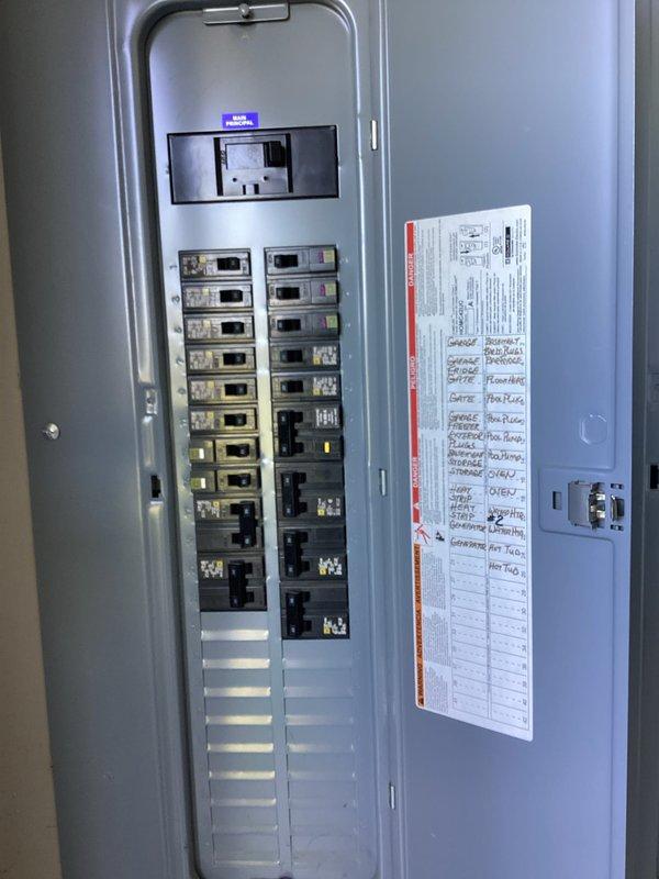 Conducted comprehensive electrical assessment for backup generator installation at residential property. Documented existing 200-amp main service panel configuration, including current circuit breaker layout, wire routing, and available capacity for generator interlock or transfer switch integration. Photographed panel interior showing dual-column breaker arrangement, main disconnect assembly with copper bus connections, and existing circuit directory to determine optimal connection point for emergency power system. Evaluated panel condition, verified proper wire sizing and terminations, and assessed structural requirements for generator tie-in equipment installation.