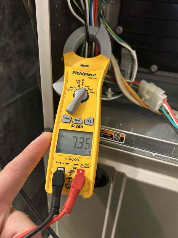 Completed preventative maintenance tune-up on two HVAC systems as part of club membership care plan, servicing one unit located in the attic and another in the basement. Performed comprehensive system diagnostics including electrical measurements using clamp meter, verified proper amperage draw at 7.35 amps, and inspected all electrical connections and wiring. Examined equipment specifications on Carrier/BDP model CAPMP4821ALAEAAA manufactured in May 2022, confirmed R-410A refrigerant system with factory-installed TXV metering device. Replaced customer-supplied 25x25x1 filter on one unit and cleaned washable filter on the second unit to ensure proper airflow and system efficiency.
