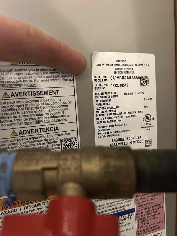 Completed preventative maintenance tune-up on two HVAC systems as part of club membership care plan, servicing one unit located in the attic and another in the basement. Performed comprehensive system diagnostics including electrical measurements using clamp meter, verified proper amperage draw at 7.35 amps, and inspected all electrical connections and wiring. Examined equipment specifications on Carrier/BDP model CAPMP4821ALAEAAA manufactured in May 2022, confirmed R-410A refrigerant system with factory-installed TXV metering device. Replaced customer-supplied 25x25x1 filter on one unit and cleaned washable filter on the second unit to ensure proper airflow and system efficiency.