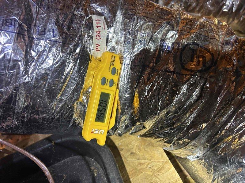 Completed one-time visual inspection of 2-year-old heat pump system per customer request. Accessed attic-mounted indoor air handler unit and inspected ductwork installation, insulation integrity, and overall system condition. Documented temperature readings and verified proper installation of metallic flex ductwork with reflective insulation barrier, confirming all components are functioning within normal parameters with no immediate service needs identified.