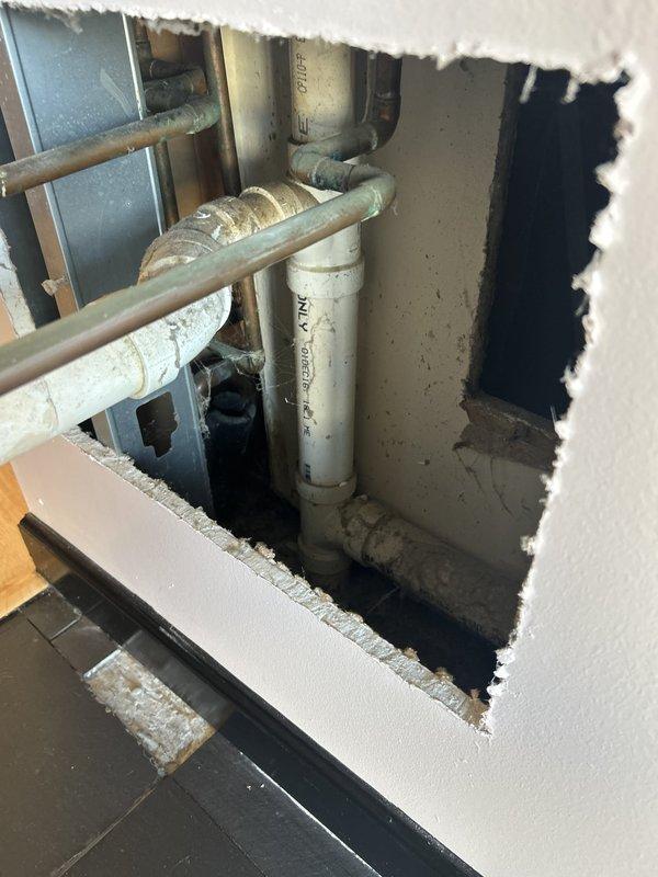 Conducted site assessment and provided estimate for installation of two pedicure chairs requiring new plumbing connections. Evaluated existing water supply and drainage infrastructure through ceiling and wall access points, documenting current pipe configuration including PVC drain lines and copper water supply lines. Assessed required modifications to accommodate dual fixture installation with appropriate hot/cold water connections and dedicated drainage systems for commercial salon application.