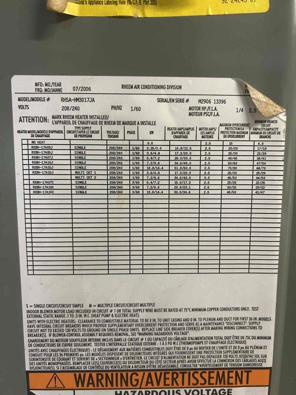 Responded to no cooling call on 9-year-old Rheem air conditioning system (Model RHSA-HMQ017JA, manufactured 07/2006). Upon arrival, performed diagnostic evaluation of the condensing unit that had stopped operating. Inspected electrical components, verified voltage specifications at 208/240V single-phase, and assessed overall system functionality to identify the cause of failure and restore cooling operation to the residence.