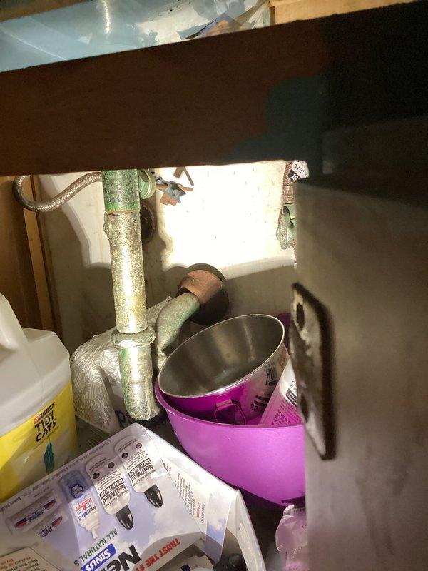Conducted comprehensive plumbing assessment for bathroom remodel and mold source investigation. Inspected bathroom fixtures including bathtub-shower combination, toilet, and vanity with visible corrosion on supply lines beneath sink. Documented corroded metallic piping with active moisture collection system in place, indicating ongoing leak requiring immediate attention and fixture replacement as part of renovation scope.