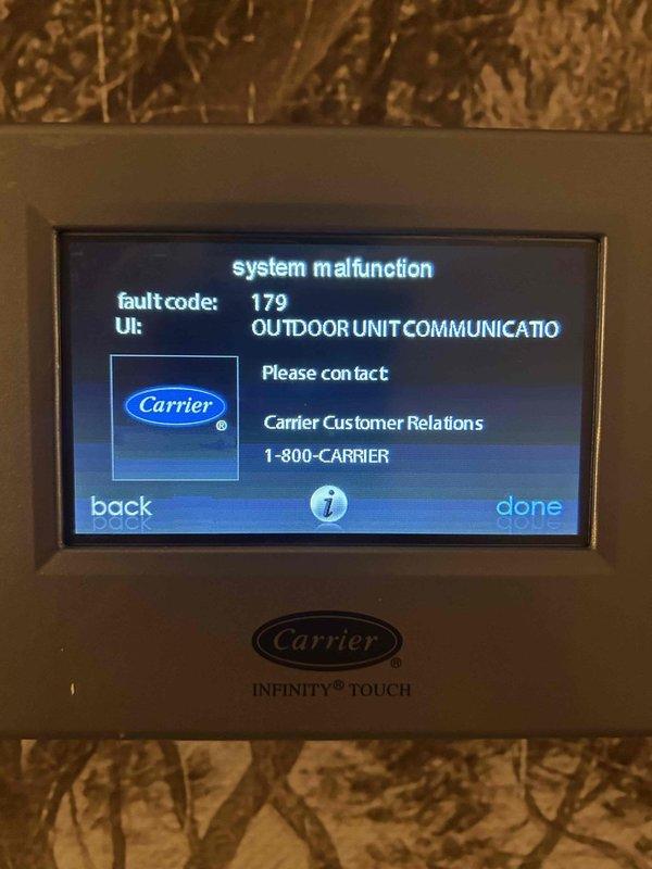 Responded to no cooling call on 12-year-old Carrier system with complete unit failure. Upon arrival, verified system was not operating with no tripped breakers at electrical panel. Checked Carrier Infinity Touch thermostat which displayed fault code 179 indicating communication failure between indoor unit and outdoor condenser. Inspected control board wiring and connections, identifying compromised communication circuit between thermostat control and outdoor unit. Traced low-voltage wiring from thermostat through air handler to outdoor disconnect. Diagnosed failed control board in outdoor condensing unit preventing system startup and communication with Infinity control system. Presented repair options including control board replacement versus full system replacement given age and condition of 12-year-old equipment.