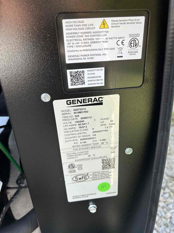 Completed installation of Generac 10KW standby generator system, replacing existing unit. Leveled area and installed reinforced concrete Genpad at generator location. Positioned and secured new generator unit (Model G0073210, Serial 3018801552) on pad and connected to existing natural gas supply line. Reused existing exterior conduit and junction box, pulling additional conductors to accommodate updated communication protocol between generator and transfer switch. Removed old transfer switch from laundry room and installed new unit in same location. Terminated all high voltage and low voltage control wiring at both generator and transfer switch ends, reusing existing junction box and branch circuits. Installed new battery in generator unit. Registered equipment with manufacturer and performed initial startup sequence. Conducted comprehensive system test verifying proper operation of automatic transfer switching, load transfer, and generator performance under simulated power outage cond