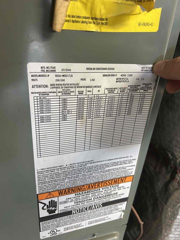 Responded to no cooling complaint on 9-year-old Rheem heat pump system (Model RGSA-HM5JTZA, manufactured 07/2006). System had recent TXV replacement and was unable to maintain setpoint with indoor temperature at 79°F despite thermostat set to 73°F. Performed diagnostic evaluation of refrigerant circuit and airflow components, documented system nameplate specifications and measured operating parameters to determine cause of insufficient cooling capacity.