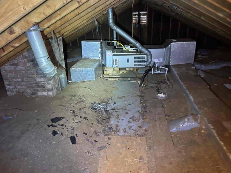Responded to no cooling complaint on 4-year-old electric upstairs HVAC system with intermittent power loss to air handler and thermostat display going dark. Accessed attic-mounted air handler unit via ladder and inspected electrical connections, control board, and safety switches. Found condensate float switch triggering system shutdown due to primary drain line restriction. Cleared drain blockage, verified proper condensate drainage, and tested float switch operation. Cycled system through multiple cooling cycles to confirm proper operation with no further shutdowns. Inspected return air grille showing significant dust accumulation and recommended air filter replacement schedule adherence. System restored to normal operation with thermostat display functioning and unit cooling properly.