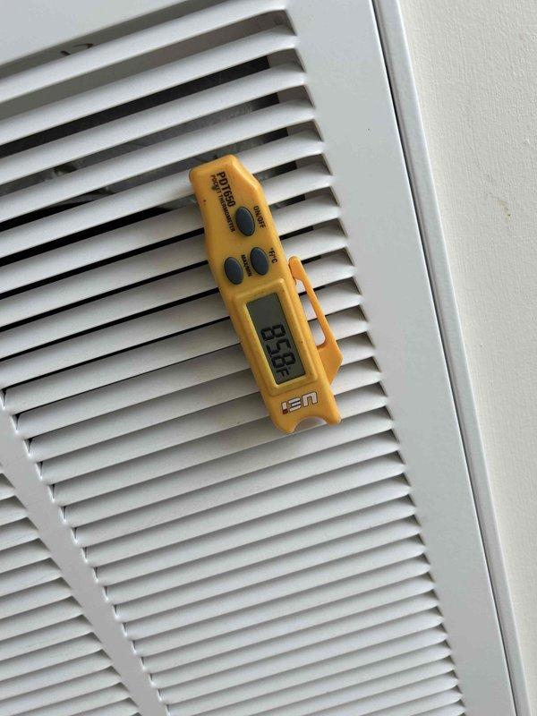 Responded to warranty call for Mitsubishi system installed last November with no cooling complaint. Upon arrival, performed diagnostic testing using digital measurement tools at supply registers. Measured supply air temperature at 82.9°F, confirming inadequate cooling performance. Investigated system operation, identified and resolved issue restoring proper cooling function. Unit now operating within manufacturer specifications with appropriate temperature differential between supply and return air. Warranty service completed at no charge to customer.