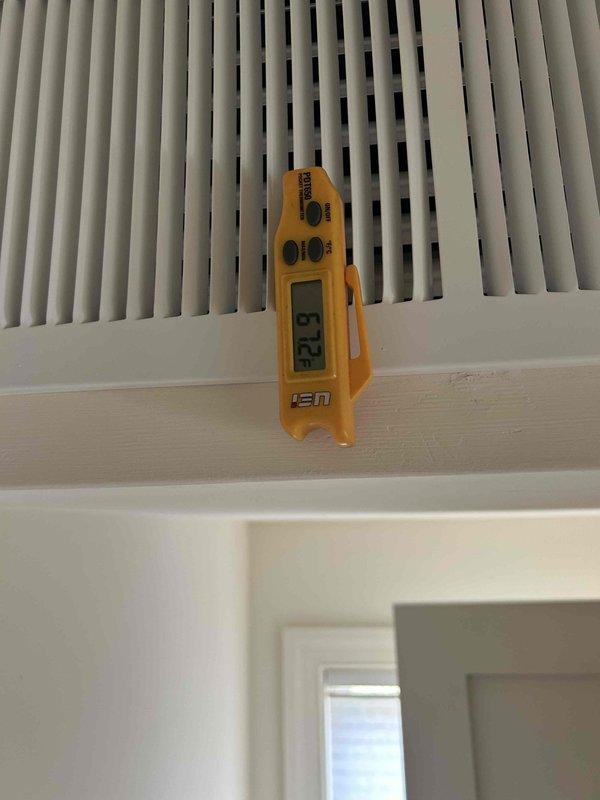 Responded to warranty call for Mitsubishi system installed last November with no cooling complaint. Upon arrival, performed diagnostic testing using digital measurement tools at supply registers. Measured supply air temperature at 82.9°F, confirming inadequate cooling performance. Investigated system operation, identified and resolved issue restoring proper cooling function. Unit now operating within manufacturer specifications with appropriate temperature differential between supply and return air. Warranty service completed at no charge to customer.