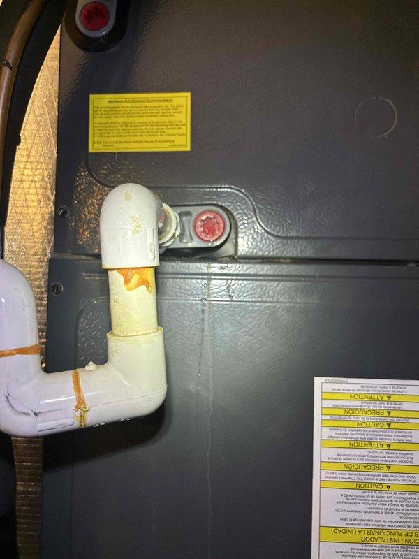 Responded to no cooling complaint on 7-8 year old electric heat pump system located in garage/closet. Upon arrival, found active water leak originating from indoor air handler unit causing moisture damage to flooring. Inspected evaporator coil assembly and drain system, identifying condensate drain line obstruction causing water overflow. PVC drain line showed signs of buildup and improper drainage. Cleared blockage from condensate drain system and verified proper flow. Observed deteriorated subfloor in crawl space beneath unit with significant water staining, indicating leak had been occurring for extended period. Checked refrigerant levels and system operation following drain repair. System restored to normal cooling operation with condensate draining properly through cleared line.