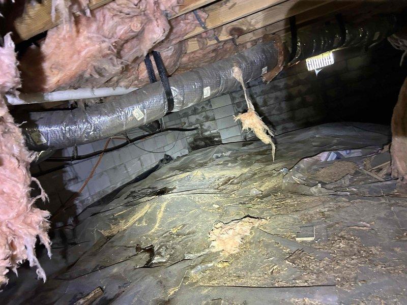 Responded to no cooling complaint on 7-8 year old electric heat pump system located in garage/closet. Upon arrival, found active water leak originating from indoor air handler unit causing moisture damage to flooring. Inspected evaporator coil assembly and drain system, identifying condensate drain line obstruction causing water overflow. PVC drain line showed signs of buildup and improper drainage. Cleared blockage from condensate drain system and verified proper flow. Observed deteriorated subfloor in crawl space beneath unit with significant water staining, indicating leak had been occurring for extended period. Checked refrigerant levels and system operation following drain repair. System restored to normal cooling operation with condensate draining properly through cleared line.