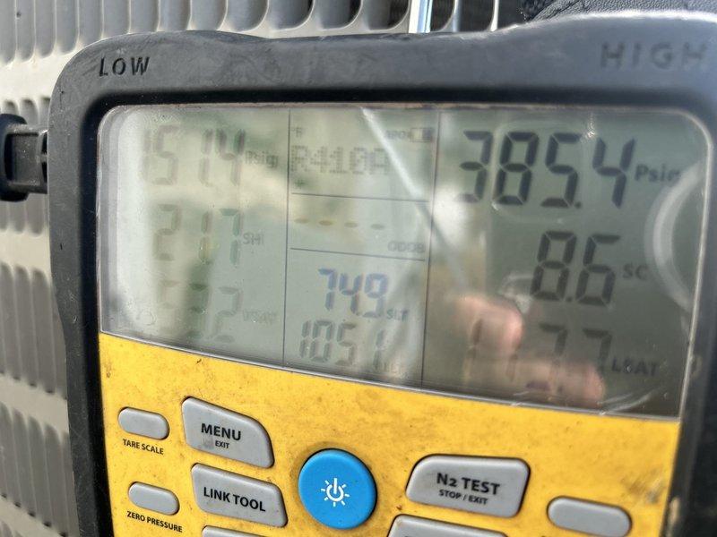 Responded to customer callback regarding insufficient cooling and concerns about compressor operation. Upon arrival, verified system was running but unable to maintain setpoint, with indoor temperature holding at 77°F. Performed comprehensive system diagnostics using digital manifold gauges and temperature measurements. Refrigerant pressures indicated system was operational with suction pressure reading 38.5 PSIG and subcooling at 8.6°F. Discharge line temperature measured 86°F, confirming compressor was actively pumping. System demonstrated adequate cooling capacity with 27°F temperature differential across evaporator coil. Determined compressor and refrigerant circuit functioning within normal parameters. Advised customer that gradual temperature reduction of 3 degrees over 4 hours is consistent with system recovery during extreme ambient conditions and undersized equipment for space load. System operating as designed with no mechanical failures identified.