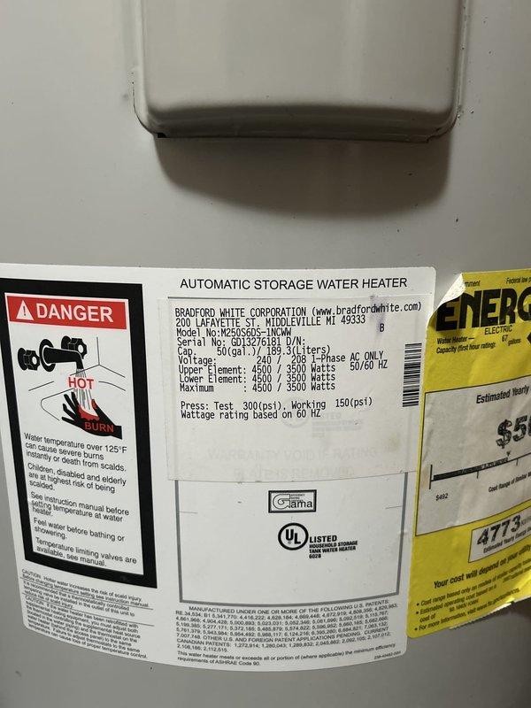 Conducted on-site evaluation of a 16-year-old Bradford White 50-gallon electric water heater (Model NFGRS50S36N-1/VN) located in a utility room adjacent to the garage. The unit features dual heating elements rated at 4500/3500 watts operating at 240V/208V, with standard copper piping connections, shutoff valves, and electrical conduit properly installed. Given the age of the water heater approaching the typical lifespan for residential electric tanks, provided comprehensive estimate for replacement options including both traditional tank and tankless configurations to meet current household hot water demands.