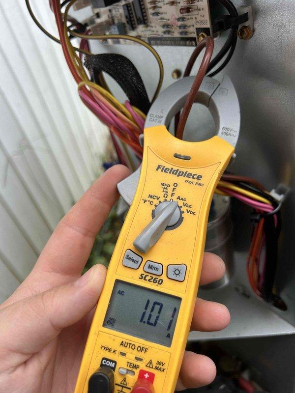 Completed comprehensive care plan tune-up on heat pump and air handler system located in closet. Performed thorough inspection of air handler interior, checking for proper airflow and component condition. Measured electrical amperage draw using clamp meter, confirming system operating at 10 amps within manufacturer specifications. Inspected control board connections, wiring integrity, and capacitor ratings. Noted customer provides their own 16x20x1 filters for ongoing maintenance. System operating properly with no issues found during preventive maintenance visit.