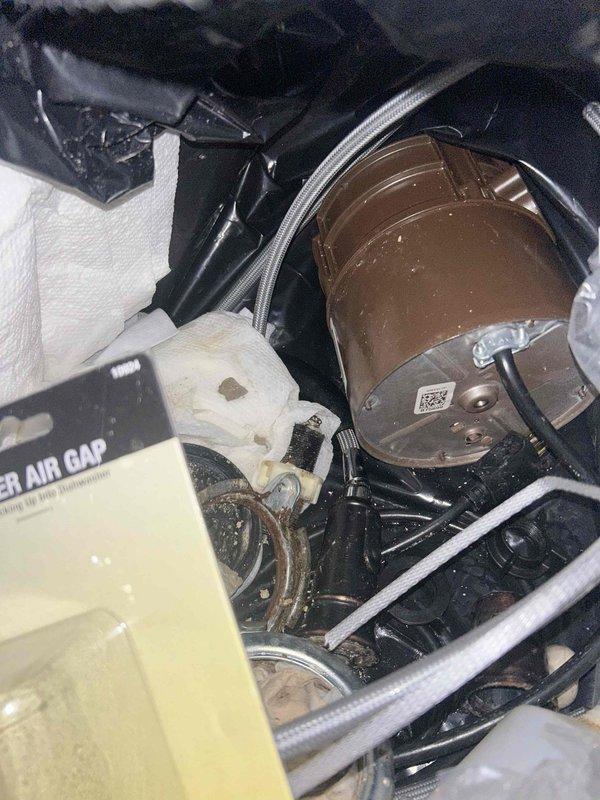 Responded to report of intermittent water leak under kitchen sink. Upon inspection, examined garbage disposal unit, P-trap assembly, and dishwasher connection points. Found evidence of minor water accumulation on cabinet floor beneath plumbing components. Inspected all compression fittings on white PVC P-trap, garbage disposal mounting flange, discharge connections, and dishwasher drain line. Verified integrity of all visible plumbing connections and identified potential source areas requiring monitoring for future leakage.